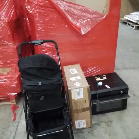 PALLET OF ASSORTED HOUSEHOLD GOODS AND PRODUCTS TO INCLUDE;PRAM,MICROWAVE OVEN,PILLOW