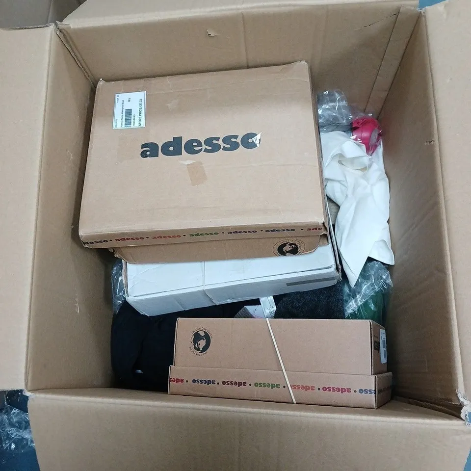 BOX OF APPROXIMATELY 20 ASSORTED HOUSEHOLD ITEMS INCLUDING ADESSO PURPLE/BLACK BOOTS SIZE EU 36, NUTRIBULLET AND D AND CO SIZE 18 WHITE TOP