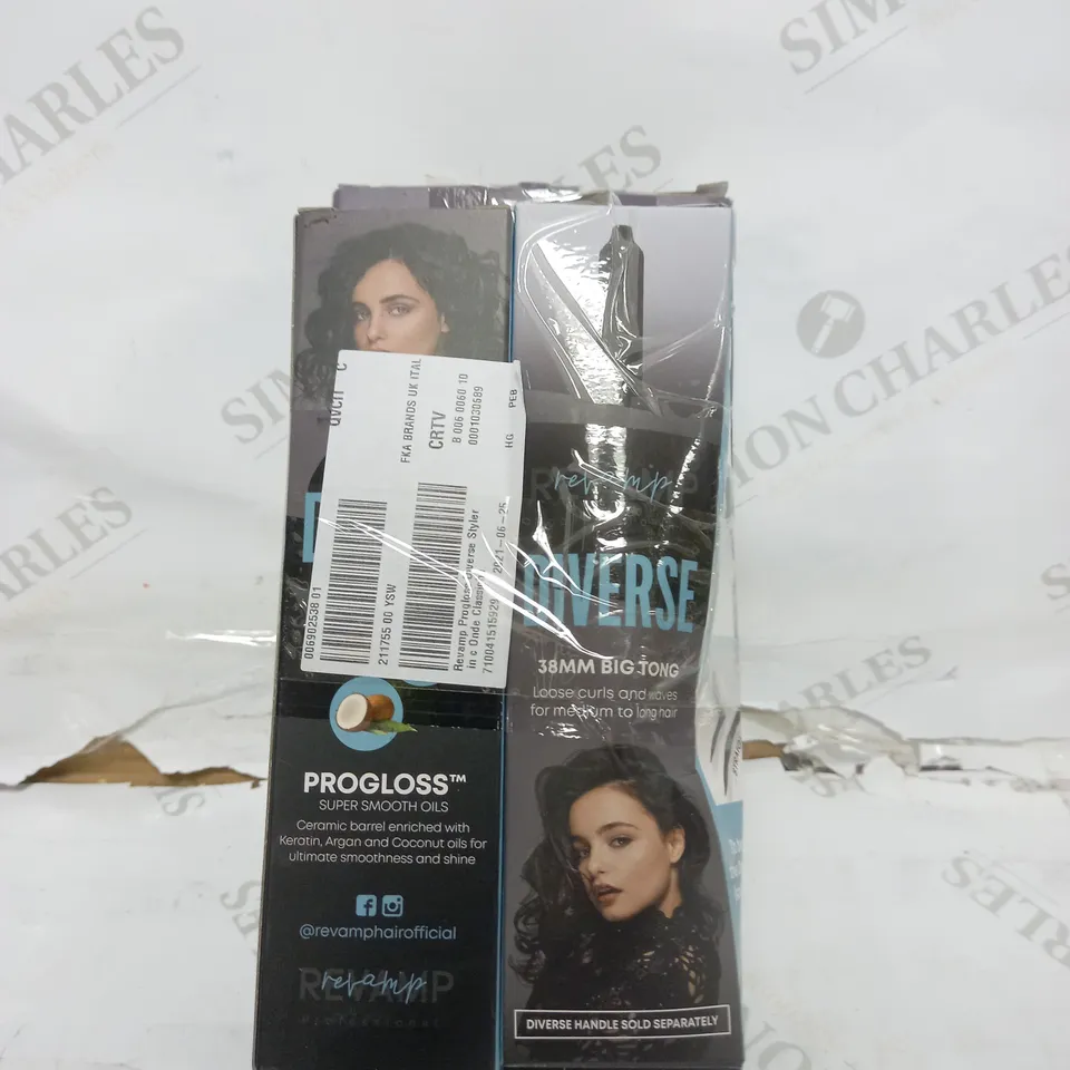 BOXED REVAMP DIVERSE TWIST & SWIVEL HANDLE WITH CURL BARREL TO-2000-EU, IN BUDLE WITH 38MM BIG TONG AND 19-32MM REVERSE WAVES & CURL BARREL