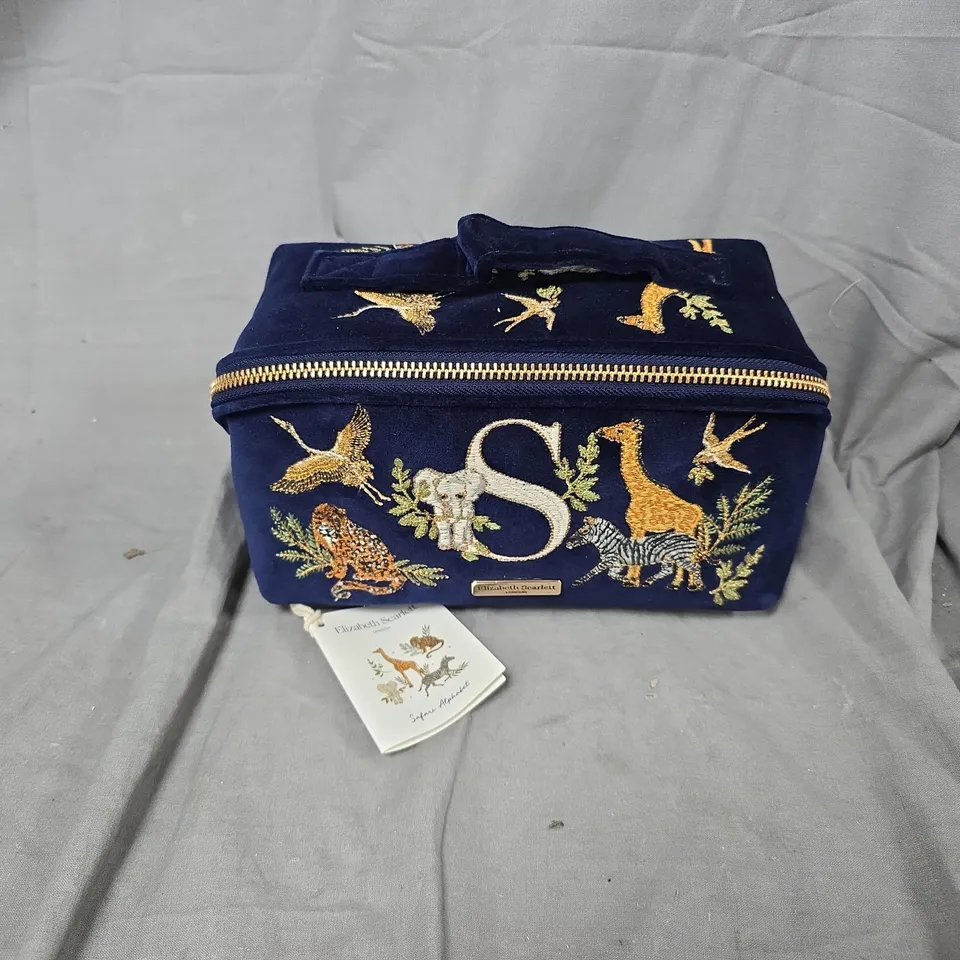 ELIZABETH SCARLET SAFARI ALPHABET NAVY VELVET OPEN FLAT MAKEUP BAG