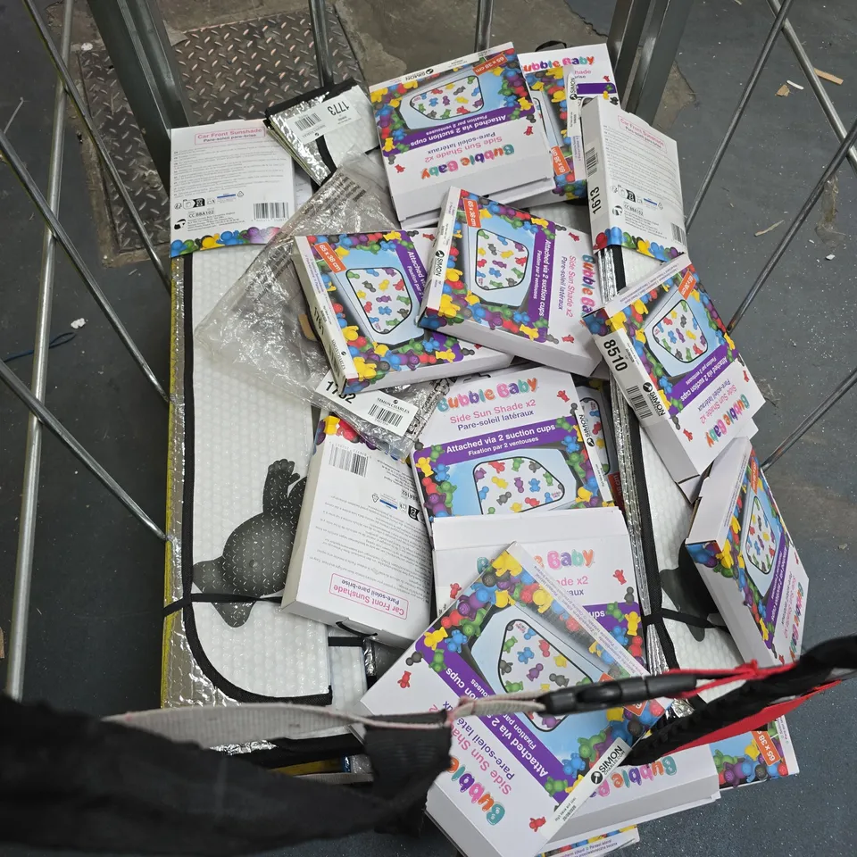 CAGE OF APPROXIMATELY 30 ASSORTED ITEMS INCLUDING BUBBLE BABY CAR SUNSHADE AND GLITTERY ANKLE PANT 