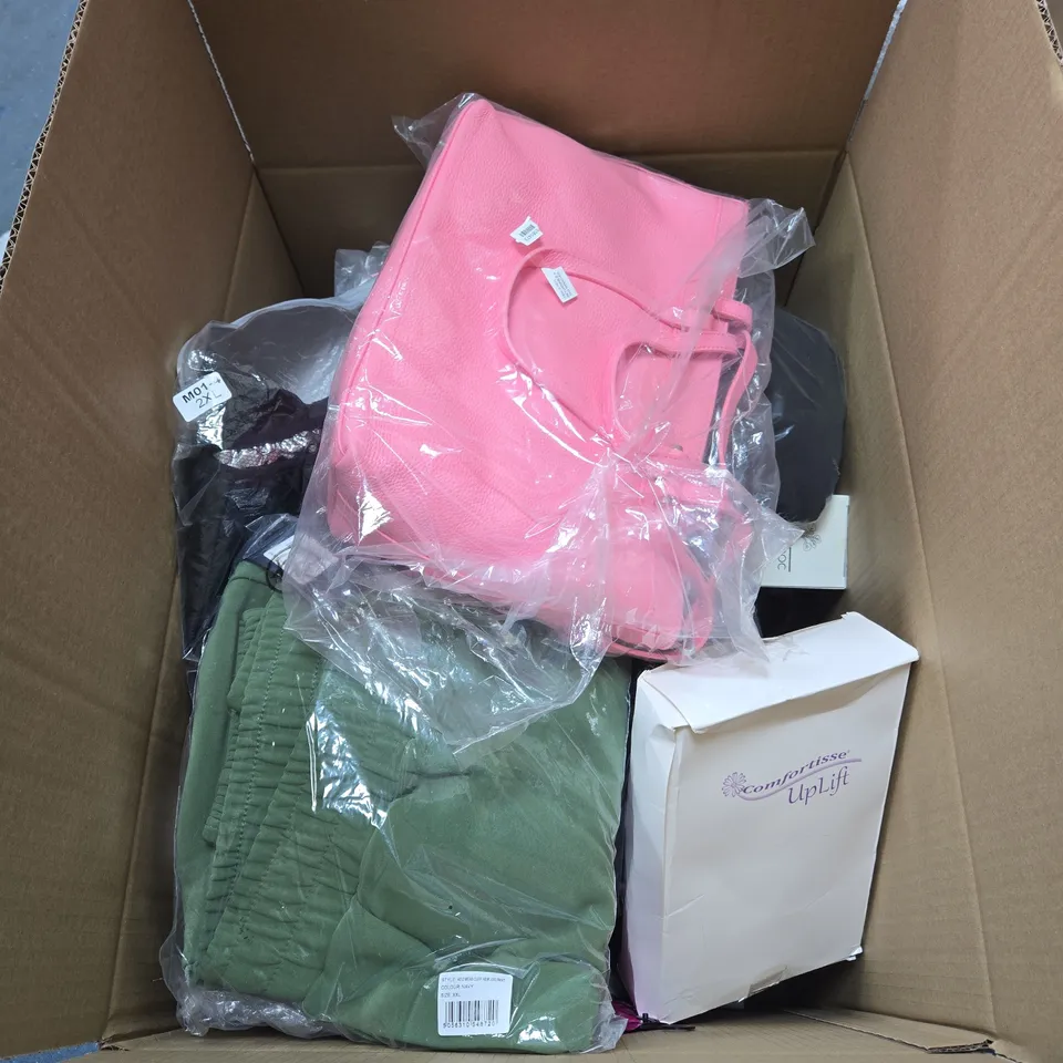 BOX OF APPROXIMATELY 20 ASSORTED HOUSEHOLD ITEMS TO INCLUDE CLOTHING, HAND BAG, COMFORTISSE UPLIFT, HEAT MACHINE VEST ETC