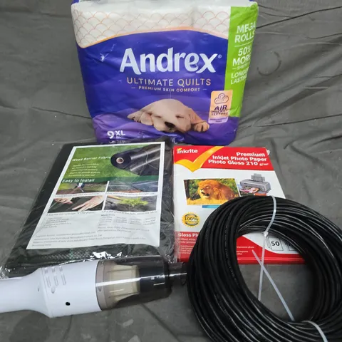 APPROXIMATELY 25 ASSORTED HOUSEHOLD PRODUCTS TO INCLUDE ANDREX XL ROLLS, INKJET PHOTO PAPER, WEED BARRIER FABRIC, ETC - COLLECTION ONLY