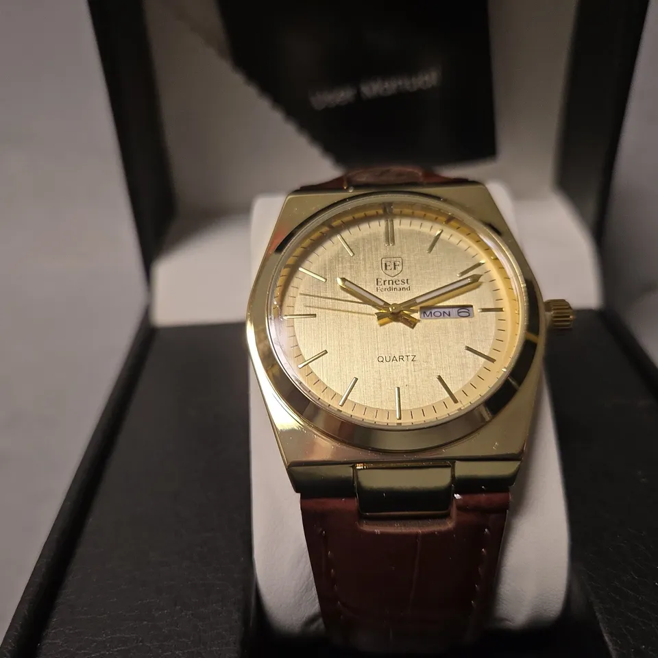 BOXED ERNEST FERDINAND GOLD FACE CLASSIC WATCH 