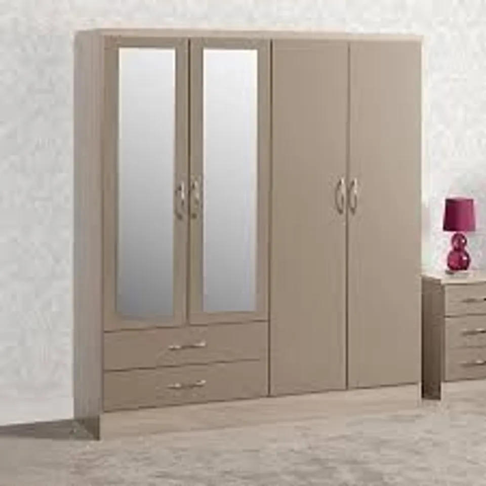 BOXED NEVADA 4 DOOR 2 DRAWER WARDROBE - OYSTER GLOSS/LIGHT OAK (3 BOXES)