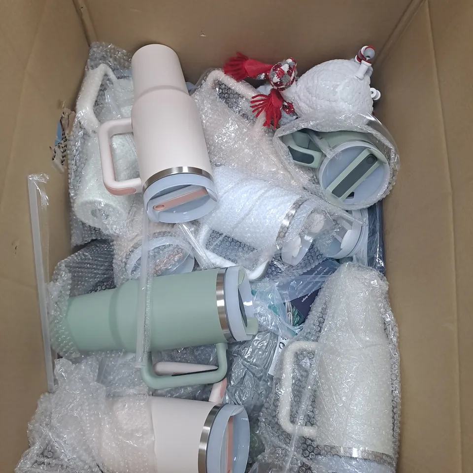 LARGE BOX OF ASSORTED FAUX STANLEY CUPS WITH STRAWS 