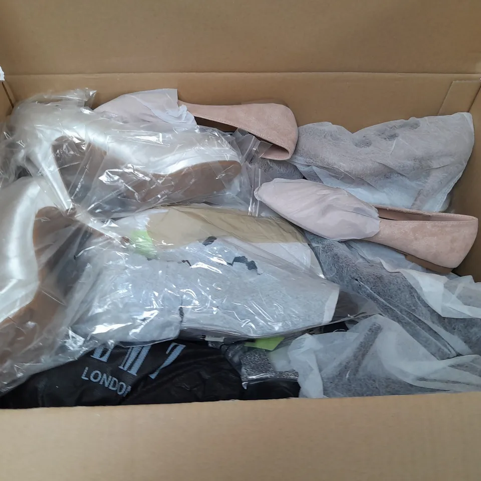 BOX OF APPROXIMATELY 10 ASSORTED WOMENS SHOES IN VARIOUS COLOURS, STYLES AND SIZES