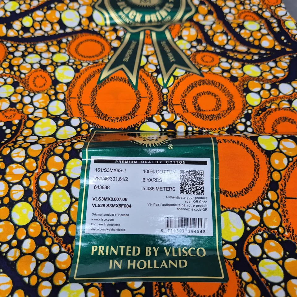 VLISCO PREMIUM SUPER-WAX COTTON FABRIC – ORANGE & YELLOW PRINT, PRINTED IN HOLLAND, 6 YARDS