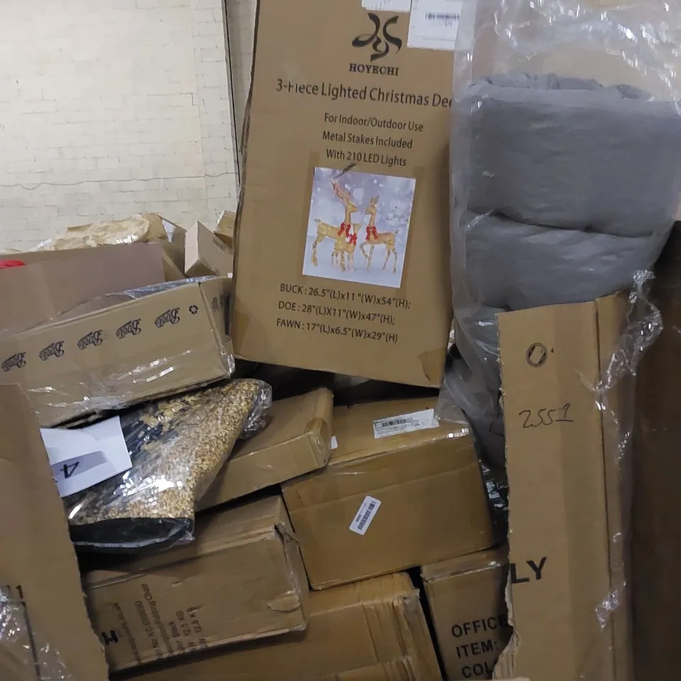 PALLET TO CONTAIN ASSORTED HOUSEHOLD ITEMS AND CONSUMER PRODUCTS. INCLUDING FOLDING CHAIR, OFFICE CHAIR, TOILET SEATS, CHRISTMAS DECOR, BOXED FURNITURE ETC