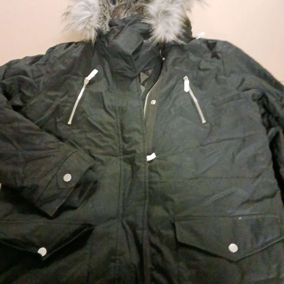 RUTH LANGSFORD LADIES BLACK PARKA WITH FUR TRIM HOOD SIZE L