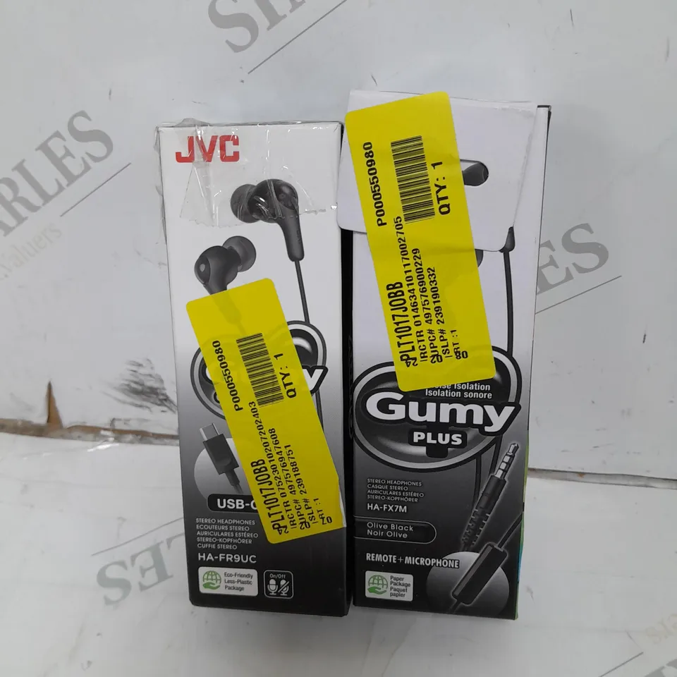 SET OF 2 JVC GUMMY EARPHONES, 1 PAIR IS USB-C 2ND PAIR AUX CABLE