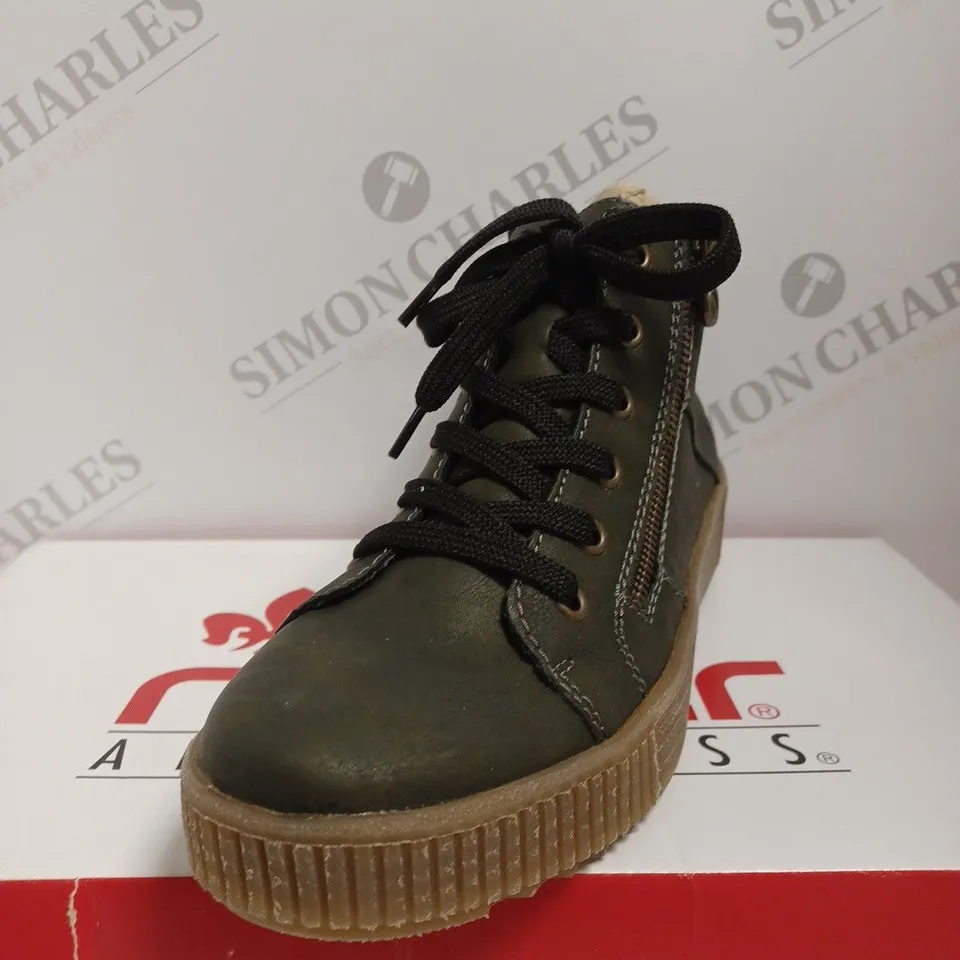 BOXED RIEKER HI TOP CUFFED TRAINERS, KHAKI - SIZE 5