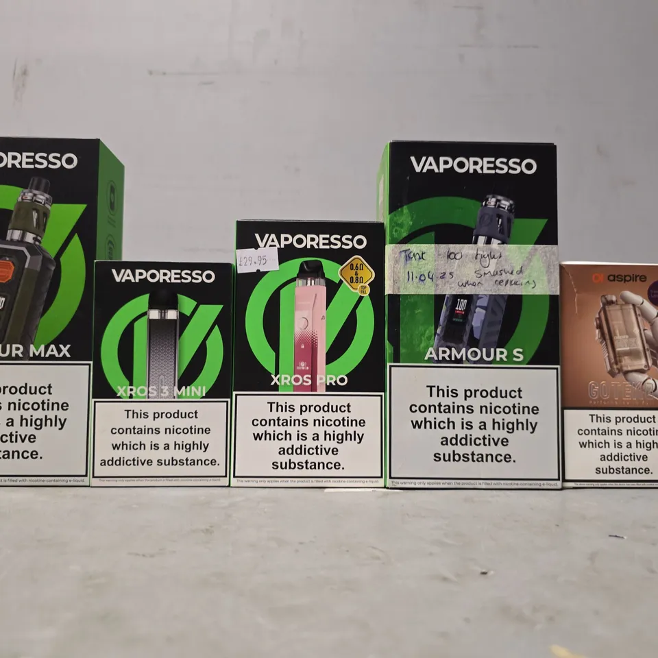 BOX OF APPROXIMATELY 18 ASSORTED E-CIGARETTES PRODUCTS TO INCLUDE - VAPORESSO, ASIRE 
