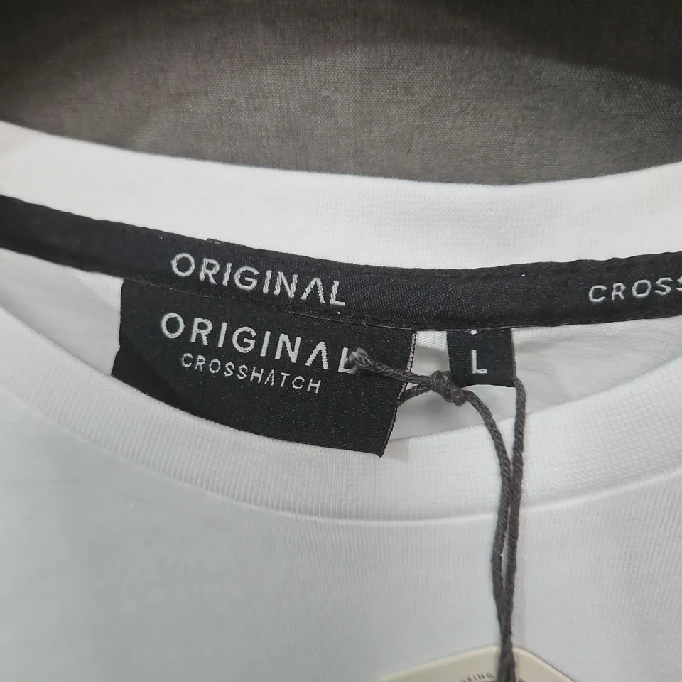 ORIGINAL CROSSHATCH T-SHIRT – WHITE WITH BLACK LOGO BAND, SIZE L