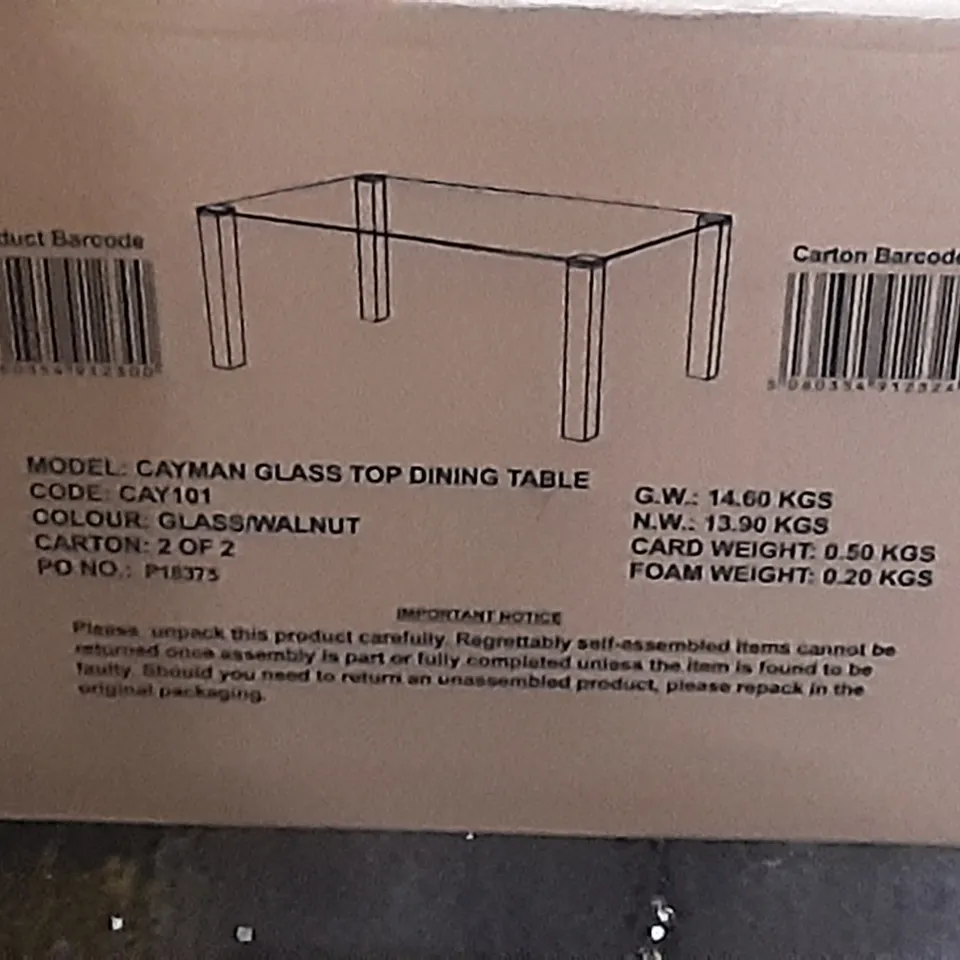 BOXED CAYMAN GLASS TOP DINING TABLE IN GLASS /WALNUT 