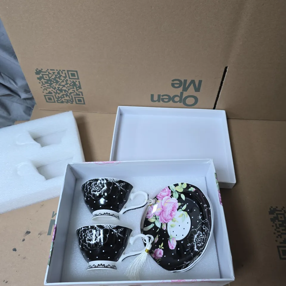 LONDON BOUTIQUE TEACUP & SAUCER SET – BLACK FLORAL PATTERN (2 CUPS + 2 PLATES)