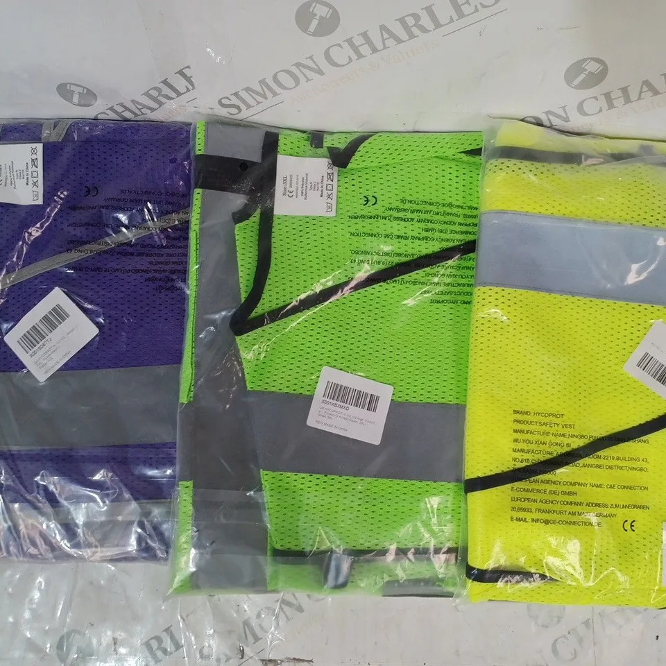 APPROXIMATELY 5 ASSORTED HI-VIS SAFETY VESTS IN VARIOUS COLOURS AND SIZES