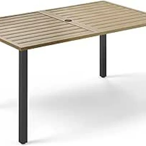 BOXED 152 X 92 X 73CM GARDEN TABLE, OUTDOOR DINING TABLE | WITH TEAK COLOR TABLE TOP, METAL RUSTPROOF STEEL FRAME, ADJUSTABLE DIAMETER OF UMBRELLA HOLE (4-5CM) (1 BOX)