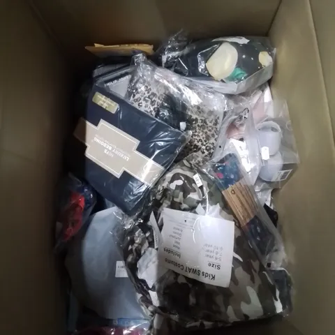 BOX CONTAINING LARGE AMOUNT OF MIXED FASHION ITEMS, SILVER PLATE AND COSTUME JEWELLERY, CLOTHING ITEMS ETC.