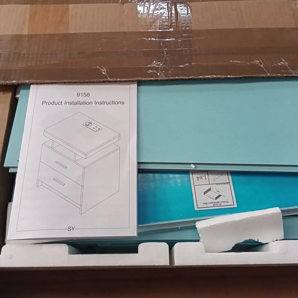 BOXED LED BEDSIDE TABLE WITH CHARGING STATION, HIGH GLOSS NIGHTSTAND WITH 2 DRAWERS - LIGHT BLUE (1 BOX)