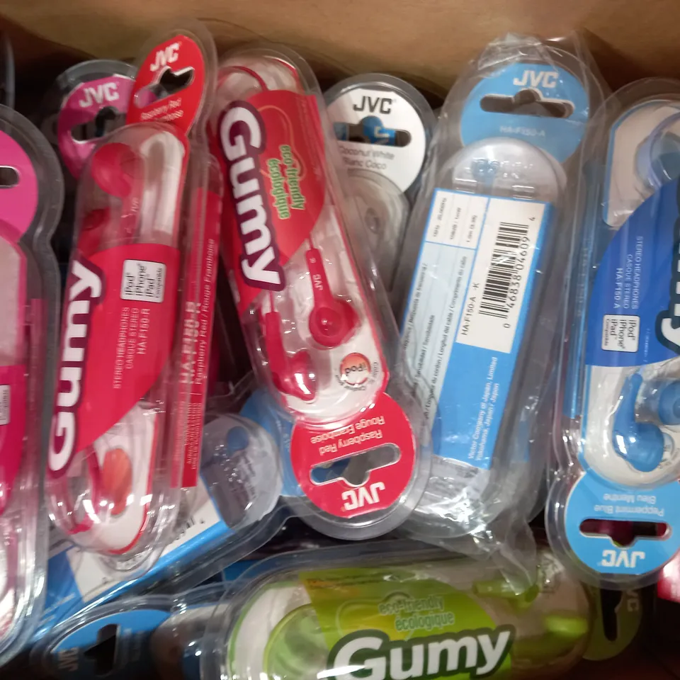 BOX OF APPROXIMATELY 20 ASSORTED JVC GUMY STEREO HEADPHONES IN VARIOUS COLOURS