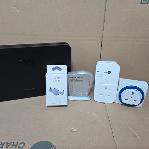 BOX OF APPROXIMATELY 15 ASSORTED ELECTRICAL PRODUCTS TO INCLUDE SKY WIFI ROUTER, METAL PHONE CLAMPS AND BT WIFI PLUGS