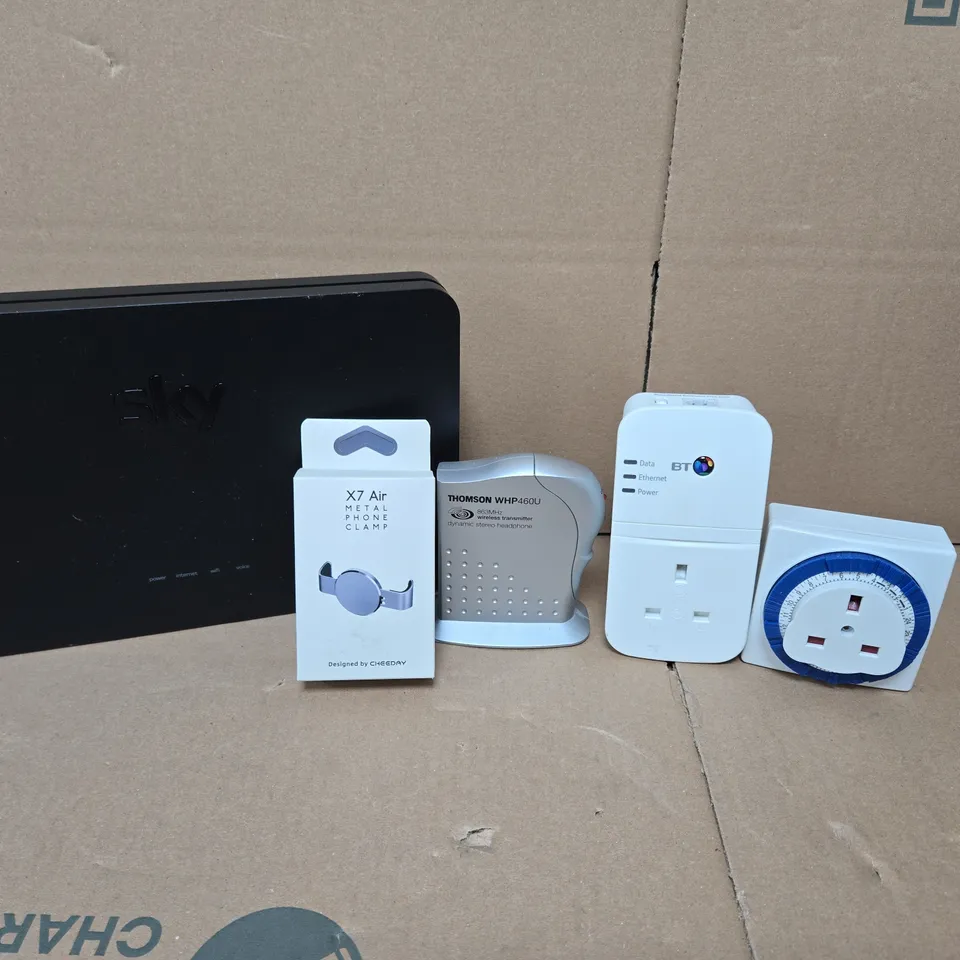 BOX OF APPROXIMATELY 15 ASSORTED ELECTRICAL PRODUCTS TO INCLUDE SKY WIFI ROUTER, METAL PHONE CLAMPS AND BT WIFI PLUGS
