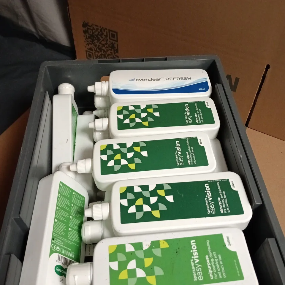 BOX OF APPROXIMATELY 30 BOTTLES OF CONTACT LENS SOLUTION 