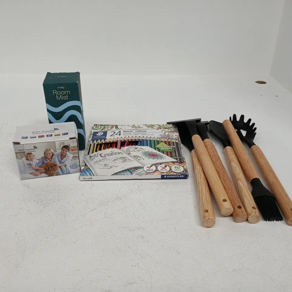 TOTE OF APPROXIMATELY 20 ASSORTED ITEMS TO INCLUDE KITCHEN UTENSILS, COLOURED PENCIL SET, WIFI CAMERA ETC