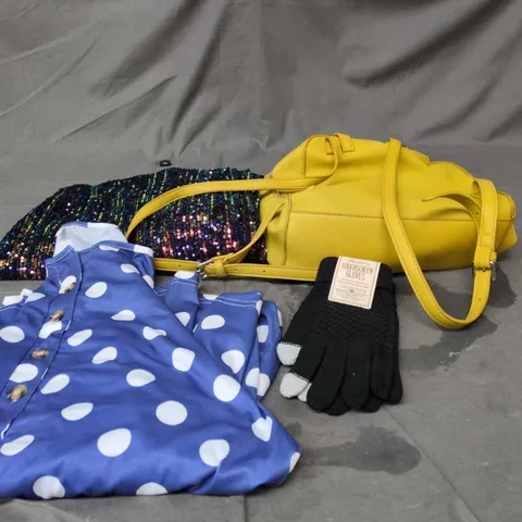 BOX OF APPROXIMATELY 20 ASSORTED CLOTHING ITEMS TO INCLUDE GLOVES, LADIES SEQUIN TOP, YELLOW HAND BAG, BLUE AND WHITE POLKA DOT T SHIRT ETC