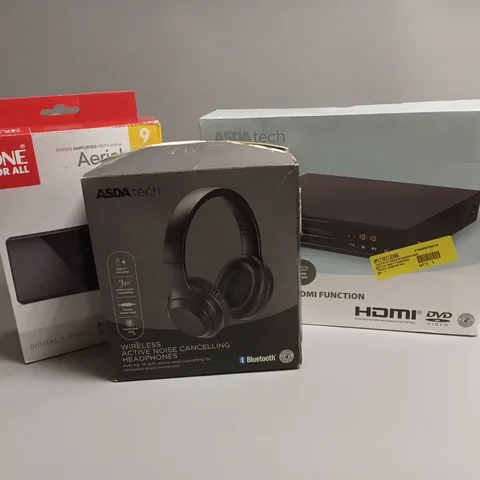 APPROXIMATELY 20 ASSORTED TECH PRODUCTS TO INCLUDE WIRELESS HEADPHONES, HDTV INDOOR AERIAL , DVD PLAYER