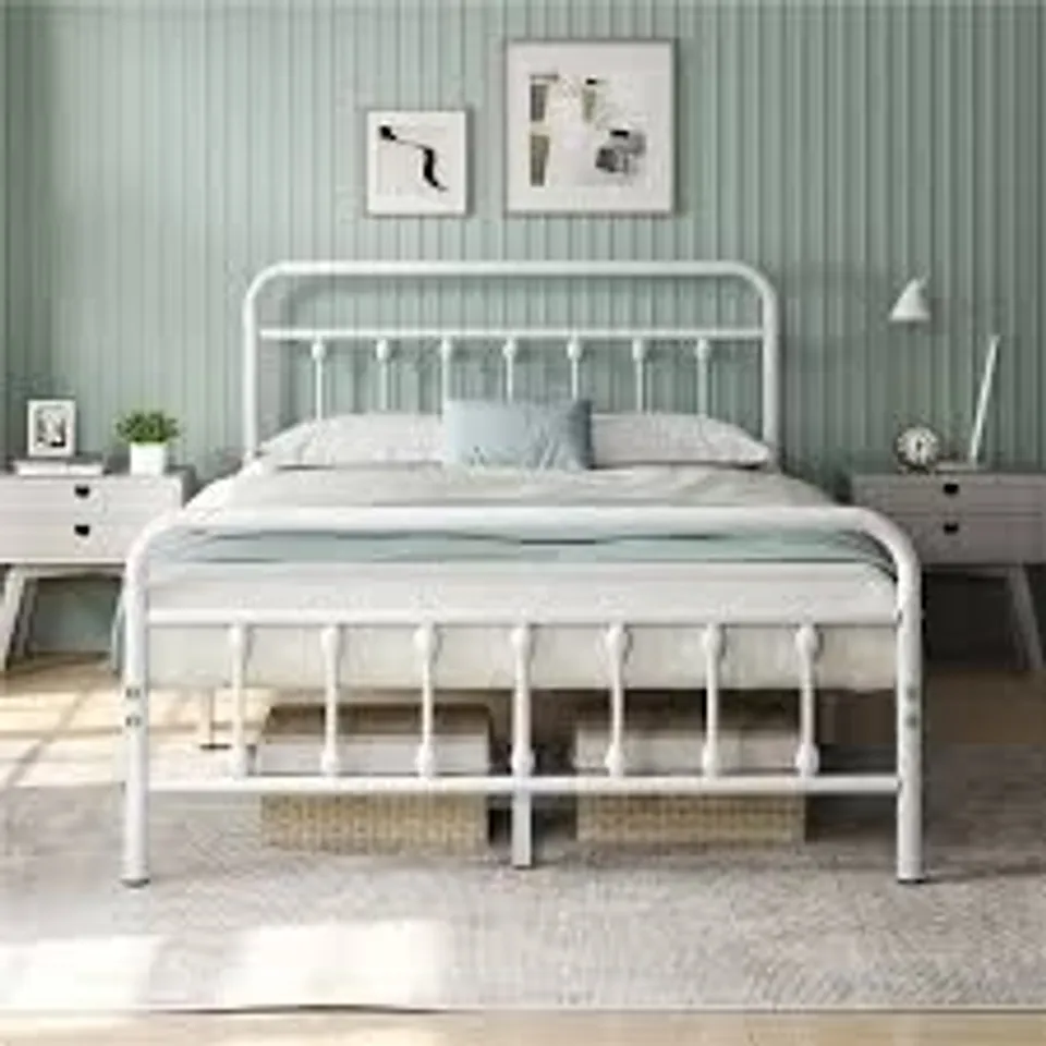 BOXED YAHEETECH METAL BED FRAME WITH VINTAGE HEADBOARD - WHITE // SIZE: DOUBLE (1 BOX)