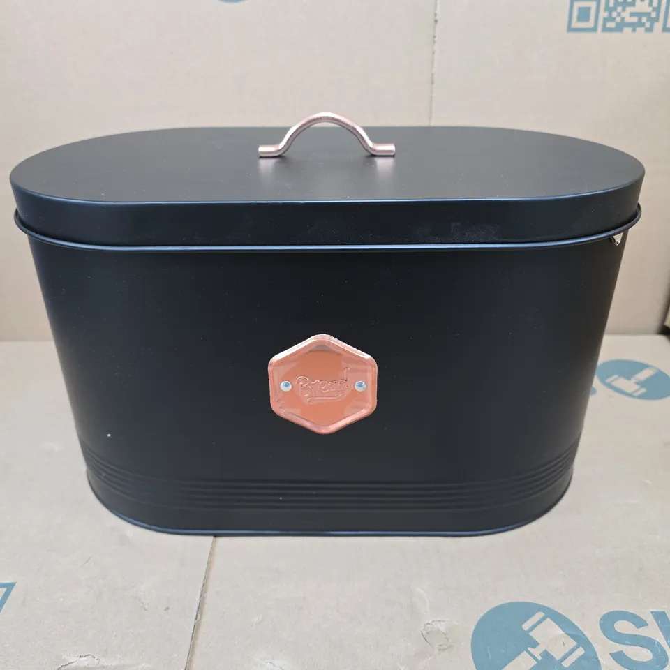 BREAD BIN WITH COPPER PLAQUE – BLACK METAL