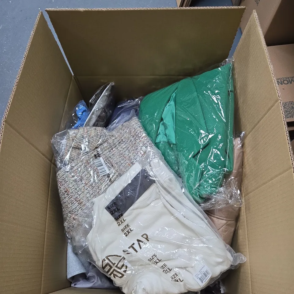 BOX OF APPROXIMATELY 20 ITEMS OF CLOTHING IN VARIOUS STYLES , SIZES AND COLOURS 