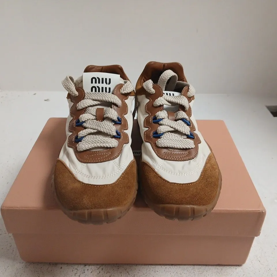 BOXED PAIR OF MIU MIU WOMEN'S SNEAKERS – WHITE & TAN, UK 5