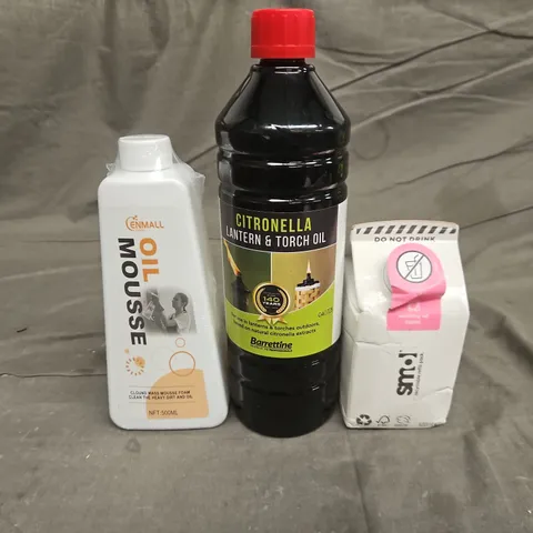 TOTE OF APPROXIMATELY 10 ASSORTED HOUSEHOLD ITEMS TO INCLUDE OIL MOUSSE, WASHING UP LIQUID AND LANTERN OIL - COLLECTION ONLY 
