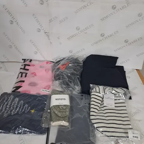 LARGE BOX OF ASSORTED CLOTHING ITEMS IN VARIOUS COLOURS AND SIZES INCLUDING TROUSERS , TOPS AND JUMPERS 