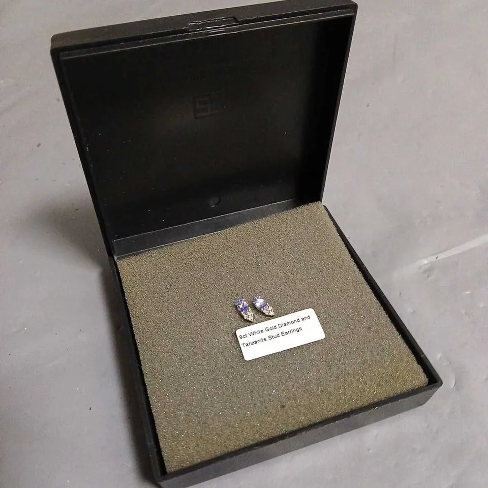 9CT WHITE GOLD DIAMOND AND TANZANITE STUD EARRINGS