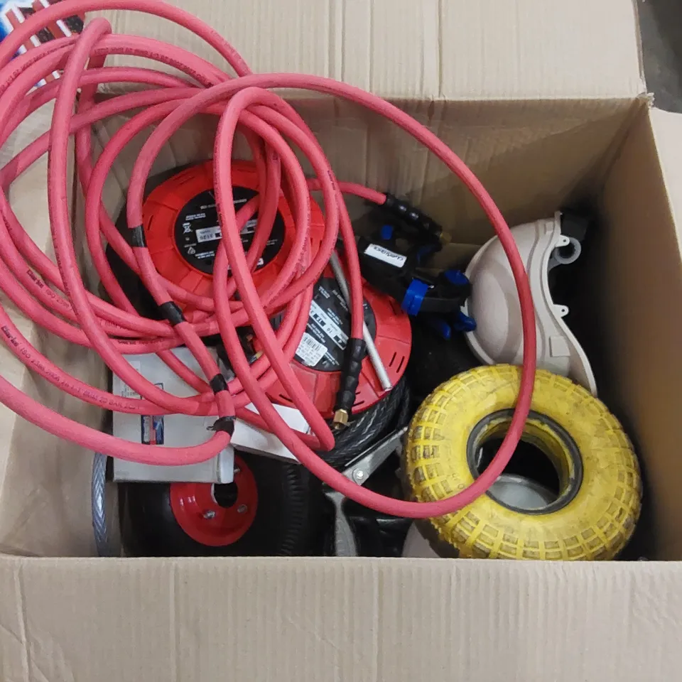 BOX OF ASSORTED TOOLS/PARTS TO INCLUDE: TYRES, CLARKE POWER EXTENSION LEAD, 4 SIDED DIAMOND SHARPENER, 3PCS THIN WALL DEEP IMPACT SOCKET SET, 6AMP BATTERY CHARGER ECT