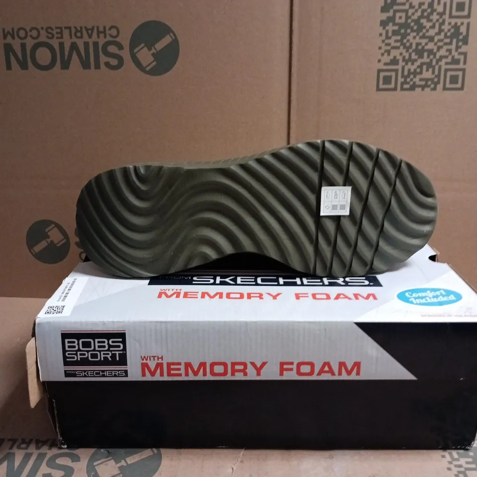 SKECHERS BOBS SPORT VEGAN MEMORY FOAM SNEAKERS – OLIVE, UK 12 (US 13)