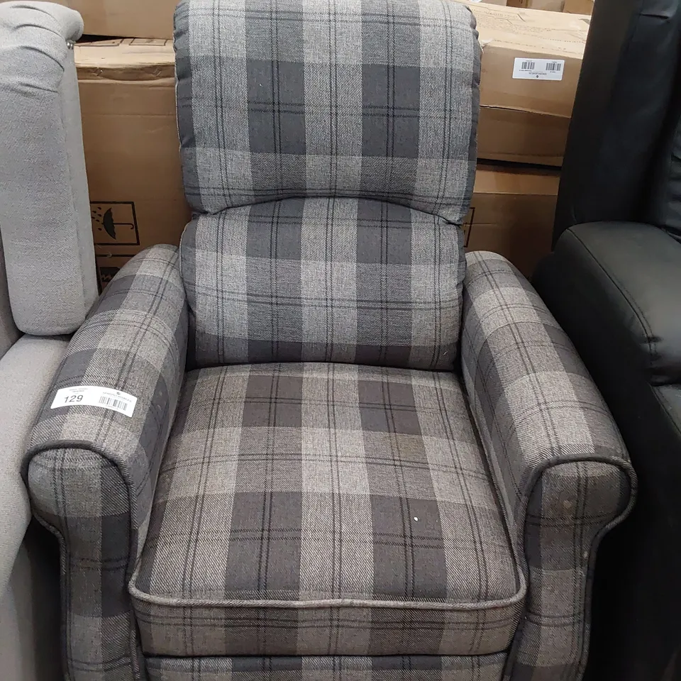 DESIGNER PUSHBACK RECLINING EASY CHAIR GREY CHEQUED FABRIC