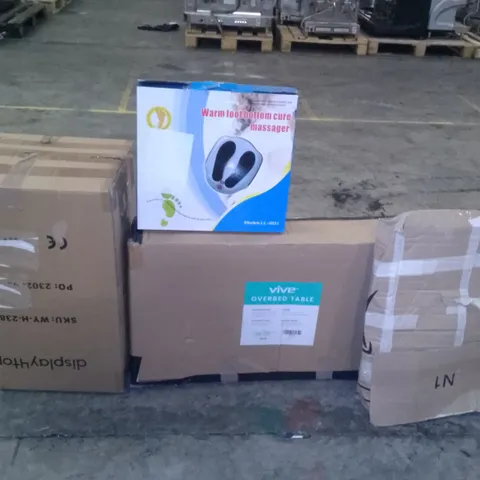 PALLET OF ASSORTED ITEMS TO INCLUDE FOOT BOTTOM MASSAGER, TOUCH DUST BIN, OVER BED TABLE ETC