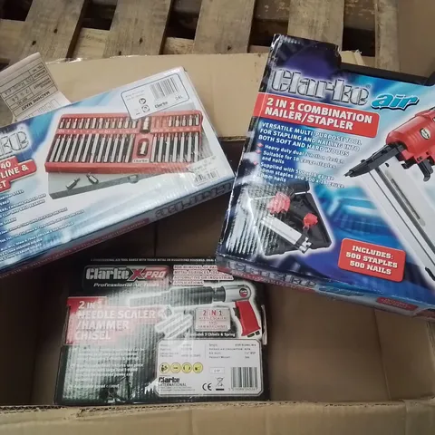 MIXED BOX OF TOOLS TO INCLUDE: CLARKE 40 PIECE TORX/SPLINE AND BIT HOLDER SET, 2 IN 1 NEEDLE SCALER/HAMMER CHISEL