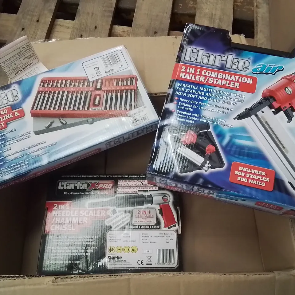 MIXED BOX OF TOOLS TO INCLUDE: CLARKE 40 PIECE TORX/SPLINE AND BIT HOLDER SET, 2 IN 1 NEEDLE SCALER/HAMMER CHISEL