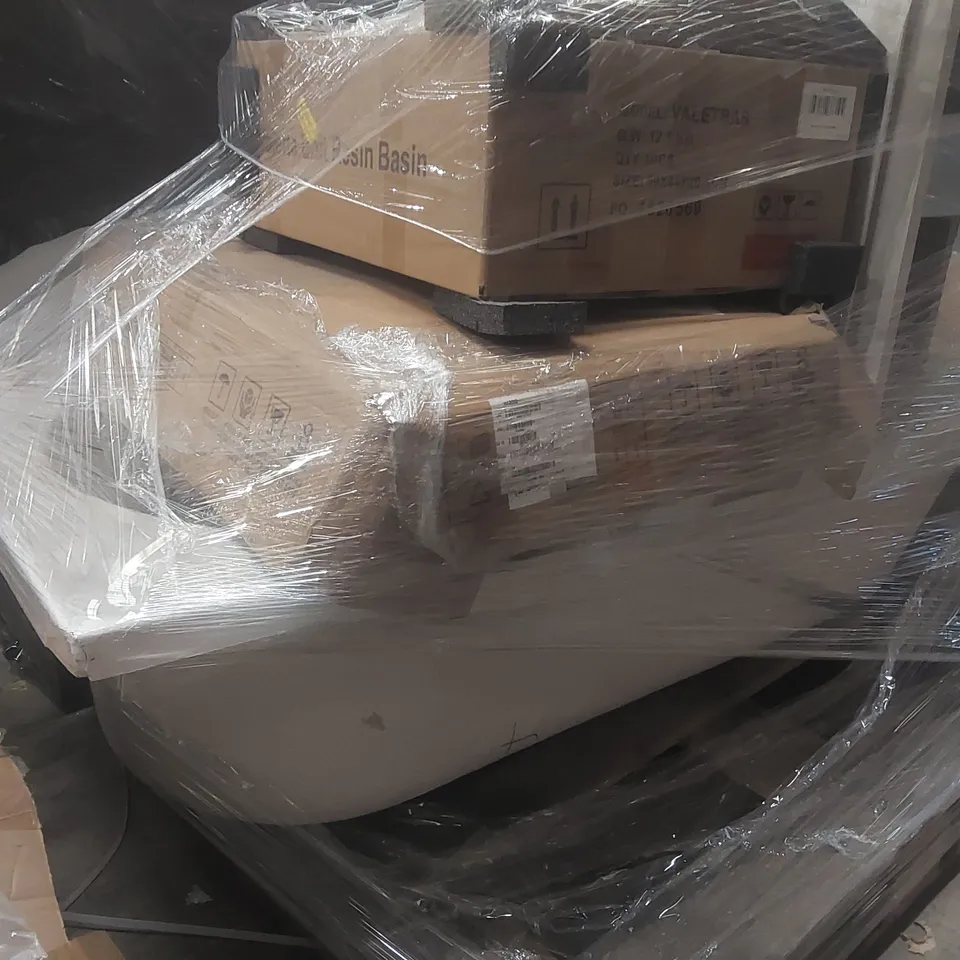 PALLET CONTAINING A VERY LARGE QUANTITY OF ASSORTED FURNITURE ITEMS INCLUDING: BATHTUB, RESIN BASIN, VANITY BASE ECT