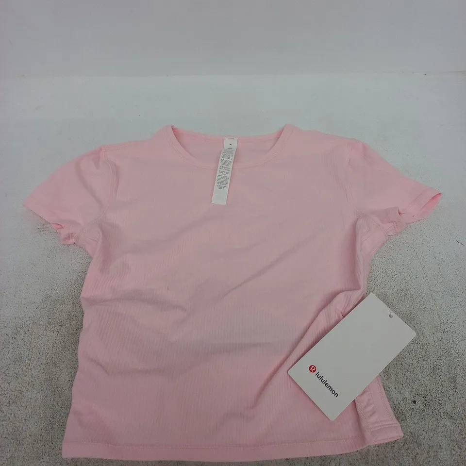 LULULEMON ALL IT TAKES KEYHOLE RIBBED SHORT SLEEVE TOP – PINK (M)