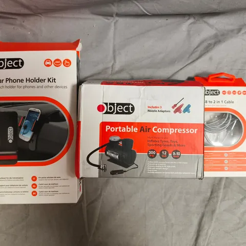 BOX OF APPROXIMATELY 50 ASSORTED HOUSEHOLD ITEMS TO INCLUDE USB TO 2-IN-1 CABLE, PORTABLE AIR COMPRESSOR, IN-CAR PHONE HOLDER KIT, ETC