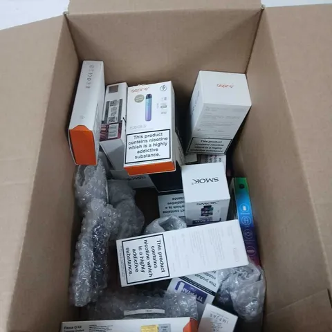 BOX OF APPROXIMATELY 25 ASSORTED E-CIGARETTES AND COMPONENTS TO INCLUDE: ASSORTED SMOK DEVICE KITS 