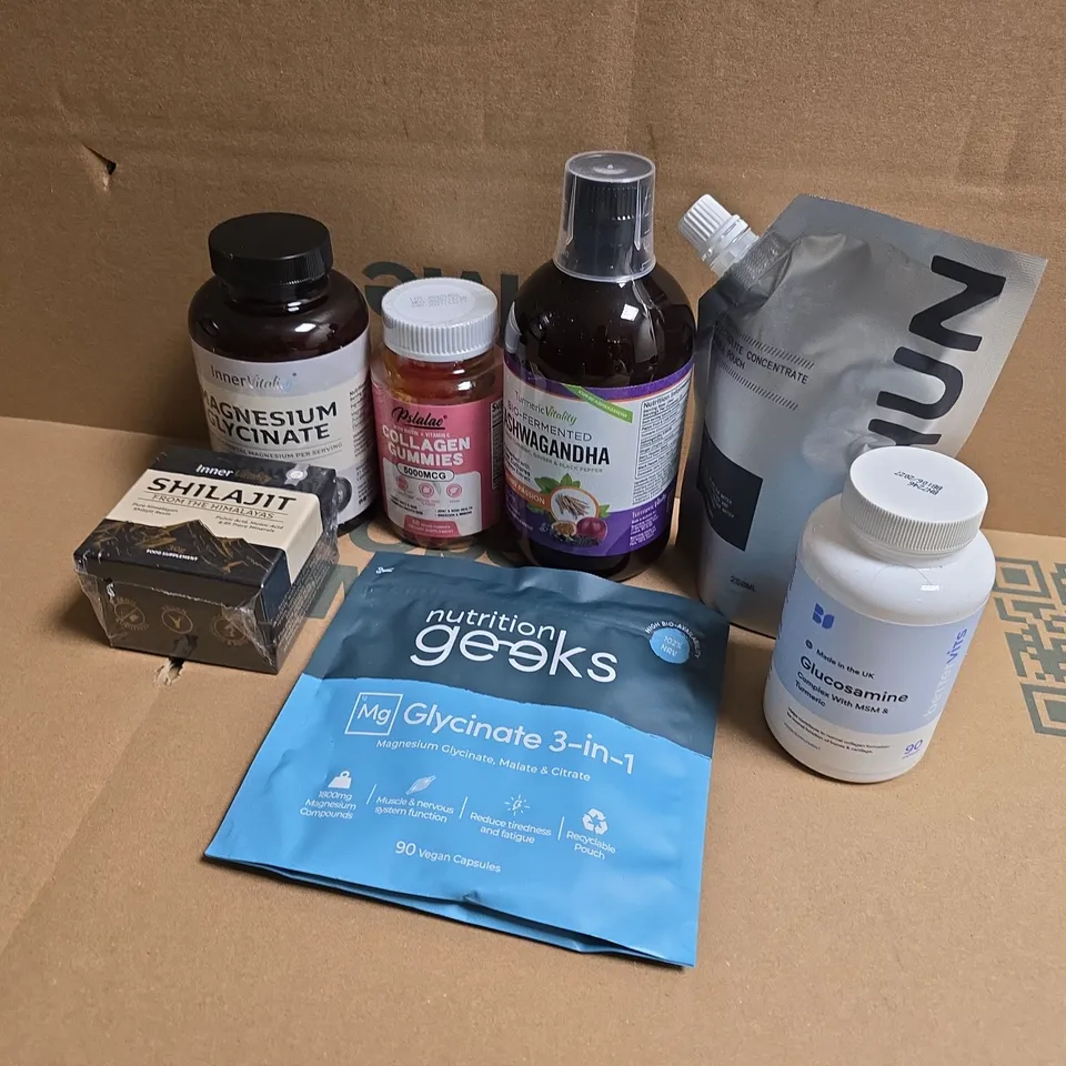 APPROXIMATELY 15 ASSORTED VITAMIN/HEALTH AID PRODUCTS TO INCLUDE BIO-FERMENTED ASHWAGANDHA, COLLAGEN GUMMIES, NUTRITION GEEKS MAGNESIUM 3-IN1, ETC - COLLECTION ONLY
