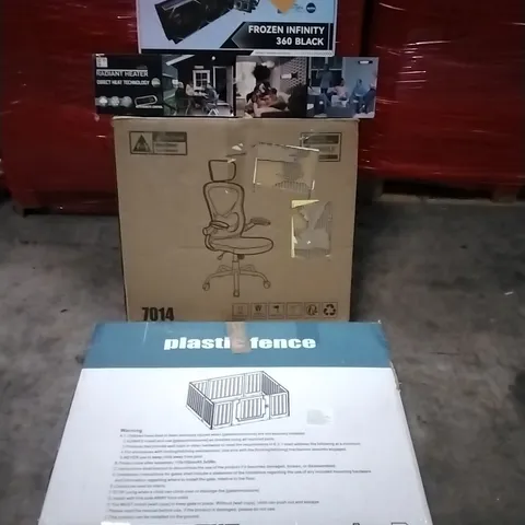 PALLET OF HOUSEHOLD ITEMS TO INCLUDE PLASTIC FENCE, CHAIR,RADIANT HEATER, FROZEN INFINITY 360 BLACK AND OTHER ASSORTED ITEMS...